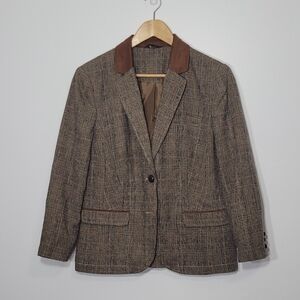 Vintage Jessica Houndstooth Plaid Browns Orange Faux Suede Collard Trims Pockets